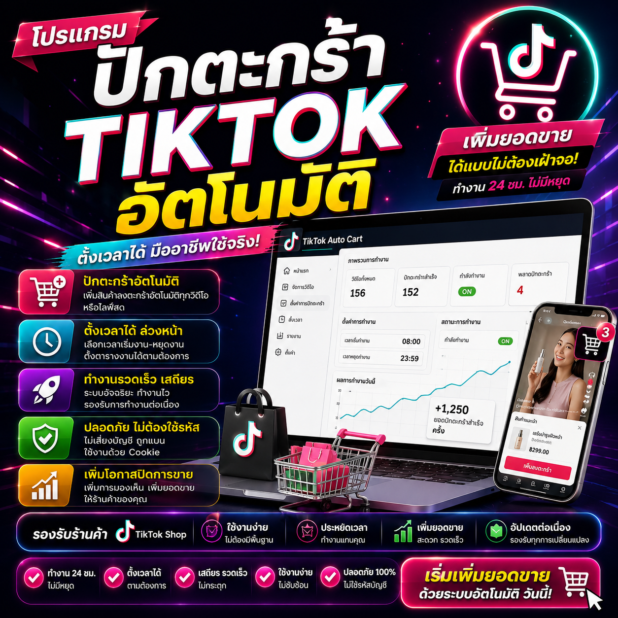 โปรแกรมปักตะกร้า Tiktok อัตโนมัติ