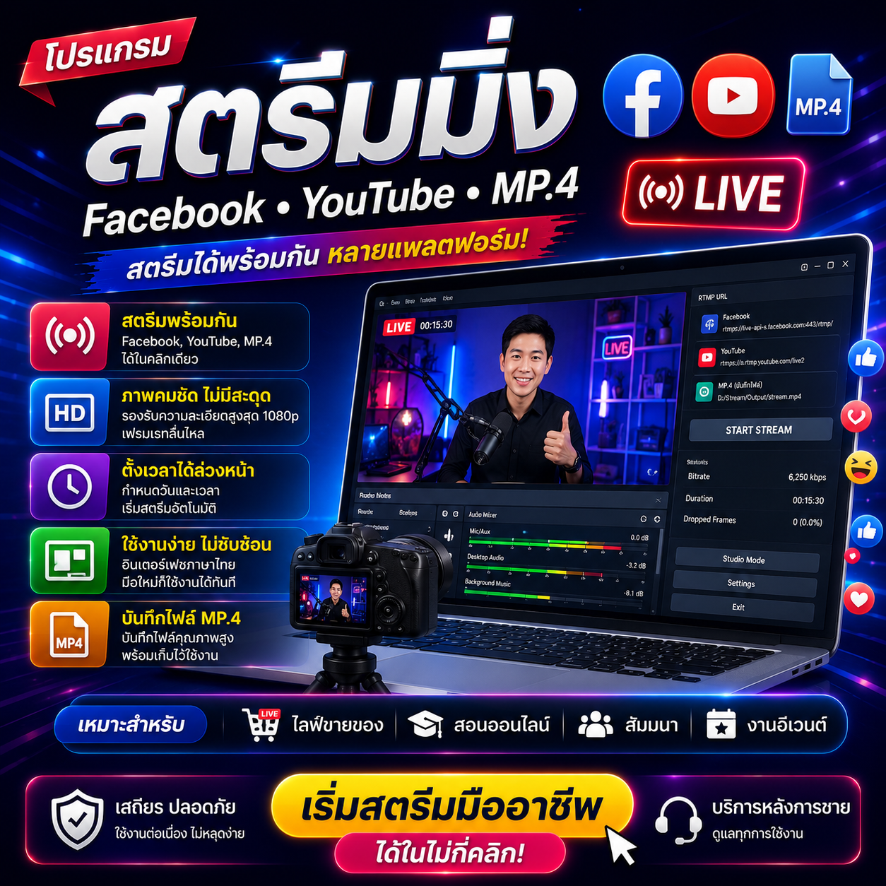 โปรแกรมสตรีมมิ่ง facebook youtube mp.4